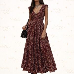 Vintage Y2K Roxy Flowy Maxi Dress Burgundy Red Flounce Shoulders Sz M